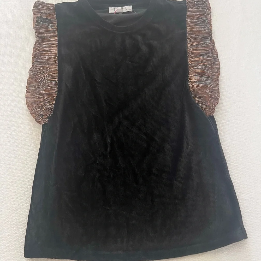 THML Black Velvet Top with Gold Ruffle Sleeves, NWOT - Picture 7 of 13